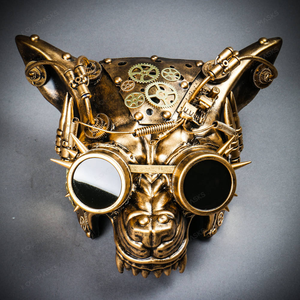 Angry Wolf Steampunk Robotic Goggles Masquerade Mask - Gold